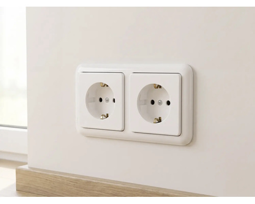 Zweifache Schutzkontakt-Steckdose horizontal an einer Wand über einer Fußleiste montiert.