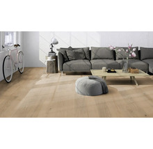 Modernes Wohnzimmer mit hellem Bodenbelag in Eichenoptik, einem grauen Sofa, Couchtisch und Fahrrad. Helle, strukturierte Raumatmosphäre.