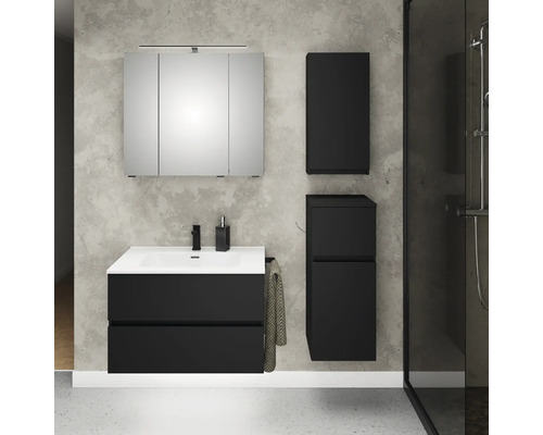 Modernes Badezimmermöbel-Set in Dunkelgrau mit Waschtischunterschrank, weißem Waschbecken, Spiegelschrank und zwei Hängeschränken in Betonoptik-Bad.