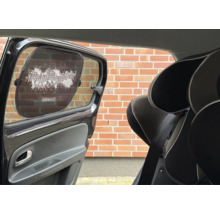 Sonnenschutz für das Auto-Seitenfenster mit Hornbach Logo und YippiejajaYippieYippieyeah Schriftzug.