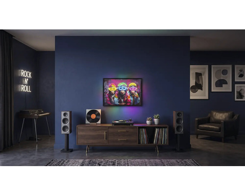 Modernes Wohnzimmer mit dunklen Wänden, Holz-Sideboard, Plattenspieler, Lautsprechern und hinterleuchtetem Wandbild mit Affen-Motiv.