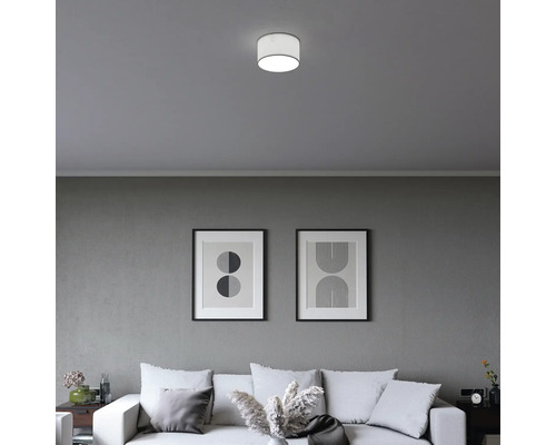 Moderne, zylindrische Deckenleuchte in einem minimalistisch eingerichteten Wohnzimmer mit Sofa und abstrakten Bildern an einer grauen Wand.
