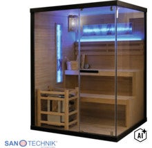 Moderne Indoor-Sauna mit Glasfront, Holzausstattung, Saunaofen und LED-Beleuchtung. (Image AI modified or generated)