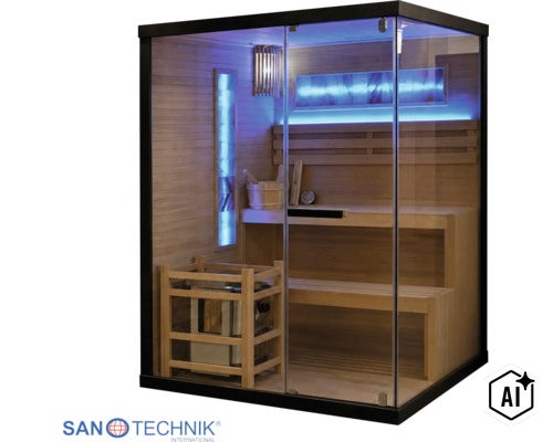 Moderne Indoor-Sauna mit Glasfront, Holzausstattung, Saunaofen und LED-Beleuchtung. (Image AI modified or generated)