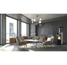 Modernes Wohnzimmer mit Kaminofen, Ledersofa, Sesseln und einem Kaminofen mit brennendem Feuer.