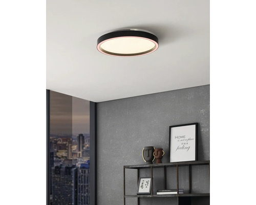Flache, runde LED-Deckenleuchte in Schwarz an weißer Zimmerdecke in modernem Ambiente mit grauer Wand und Metallregal.