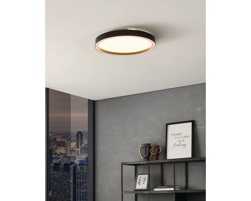 Runde LED-Deckenleuchte mit schwarzem Gehäuse in einem modern eingerichteten Zimmer mit grauer Wand und Fenster mit Stadtansicht.