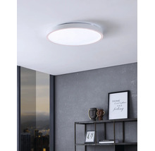 Flache, runde LED-Deckenleuchte in einem modernen Wohnraum mit grauer Wand und Wandregal.