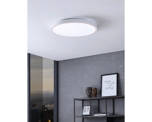 Flache, runde LED-Deckenleuchte in einem modernen Wohnraum mit grauer Wand und Wandregal.