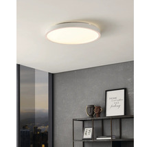 Flache, runde LED-Deckenleuchte in einem modern gestalteten Raum mit strukturierter Wand und Metallregal.