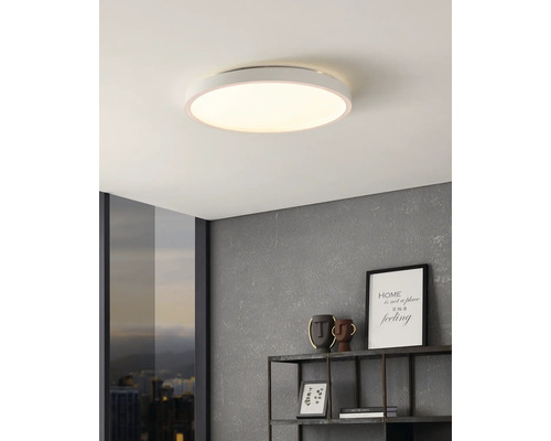 Flache, runde LED-Deckenleuchte in einem modern gestalteten Raum mit strukturierter Wand und Metallregal.