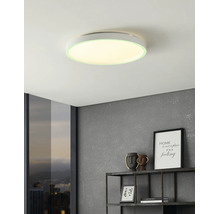 Flache runde LED-Deckenleuchte in einem modernen Wohnraum mit strukturierter grauer Wand, Wandregal und Fenster mit Blick auf die Stadt.
