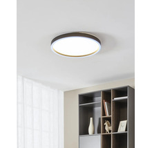 Moderne runde LED-Deckenleuchte in einem hellen, organisierten Innenraum mit Regal und Vorhang.