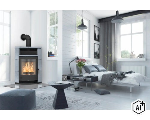 Moderner, heller Raum mit einem Kaminofen mit Natursteinverkleidung und brennendem Feuer, dazu ein Bett und ein geometrischer Beistelltisch. (Image AI modified or generated)