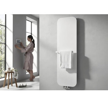 Moderner, vertikaler Design-Heizkörper mit abgerundeten Ecken und integrierter Handtuchstange in einem hellen Badezimmer.