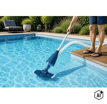 Person reinigt einen Pool mit einem manuellen Poolbodensauger am Stiel auf einer Holzterrasse im Garten. (Image AI modified or generated)