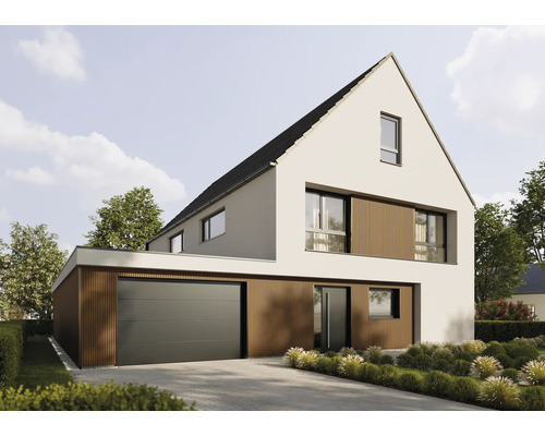 Modernes Haus mit steilem Satteldach, Garagensektionaltor, Holzfassadenelementen und passender Haustür.
