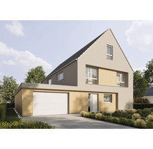 Modernes Einfamilienhaus mit Satteldach, heller Fassade, Holzverkleidung, weißem Garagentor und gepflasterter Einfahrt.