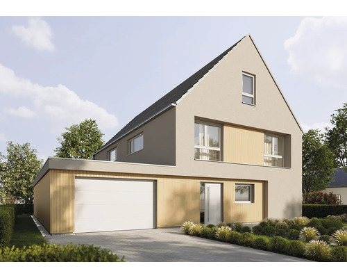 Modernes Einfamilienhaus mit Satteldach, heller Fassade, Holzverkleidung, weißem Garagentor und gepflasterter Einfahrt.
