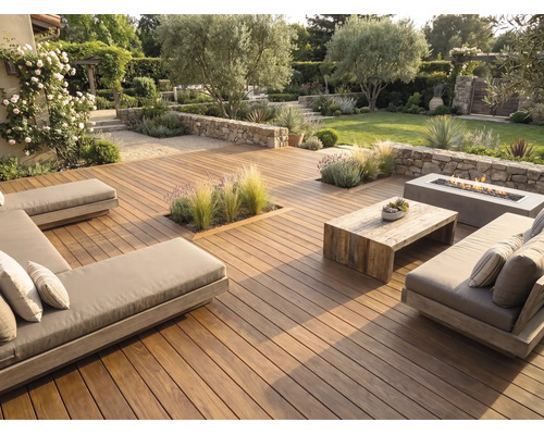 Großzügige Holzterrasse mit modernen Loungemöbeln, einem Holztisch, einer Feuerstelle und Natursteinmauern in einem gepflegten Garten.