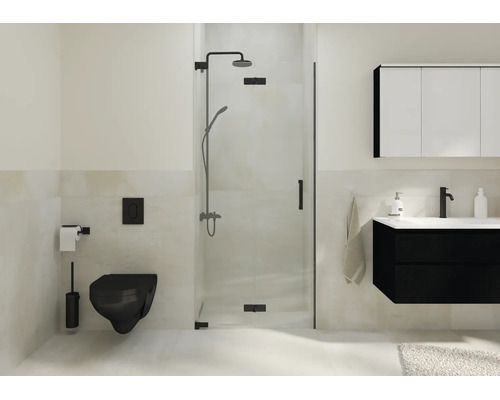 Modernes Badezimmer mit schwarzen Armaturen, wandhängendem WC, einer gläsernen Duschtür und einem Waschtisch mit schwarzem Unterschrank.