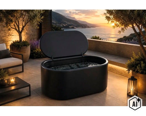 Ovales, schwarzes Eisbad mit geöffnetem Deckel auf einer Terrasse mit Meerblick bei Sonnenuntergang. (Image AI modified or generated)