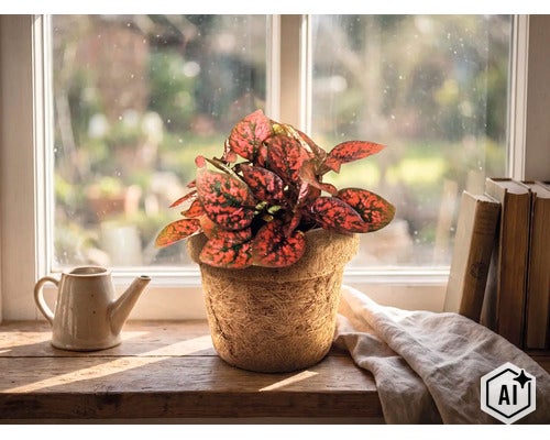 Zimmerpflanze mit rot gemusterten Blättern in einem Fasertopf auf einer Fensterbank aus Holz neben einer kleinen Gießkanne. (Image AI modified or generated)
