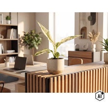 Zimmerpflanze Dieffenbachia in einem Keramiktopf auf einer Holzlamellenwand in einem hellen, modernen Büro. (Image AI modified or generated)