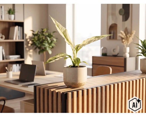 Zimmerpflanze Dieffenbachia in einem Keramiktopf auf einer Holzlamellenwand in einem hellen, modernen Büro. (Image AI modified or generated)