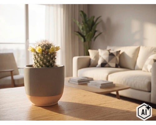 Kleiner blühender Kaktus in einem Keramiktopf auf einem Holztisch in einem hellen, modernen Wohnzimmer mit Sofa und Zimmerpflanze. (Image AI modified or generated)
