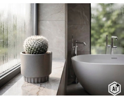 Ein kleiner Kaktus in einem grauen Keramiktopf auf einer Marmor-Fensterbank. Im Hintergrund steht eine weiße, freistehende Badewanne in einem hellen, modernen Badezimmer mit großen Fenstern. (Image AI modified or generated)