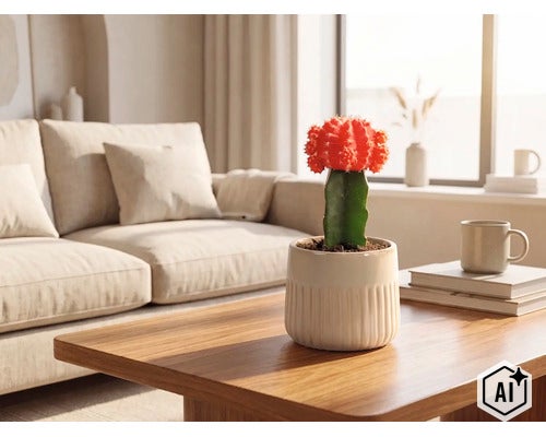 Gepfropfter Kaktus in geriffeltem Keramiktopf auf einem Couchtisch aus Holz in einem hellen Wohnzimmer mit Sofa. (Image AI modified or generated)