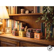 Hölzernes Bücherregal mit vier quadratischen Keramik-Blumentöpfen mit Kaktusmotiven, blühenden Kakteen, Büchern, einer Lampe und einem Bilderrahmen. (Image AI modified or generated)