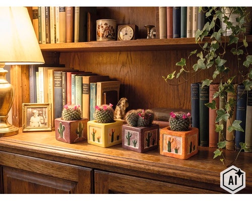 Hölzernes Bücherregal mit vier quadratischen Keramik-Blumentöpfen mit Kaktusmotiven, blühenden Kakteen, Büchern, einer Lampe und einem Bilderrahmen. (Image AI modified or generated)