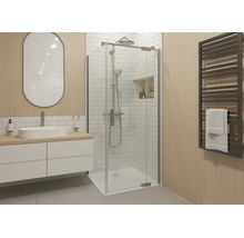 Modernes Badezimmer mit einer Glas-Duschkabine, einem weißen Waschtisch mit ovalem Spiegel und einem Handtuchheizkörper an einer Holzoptik-Wand.