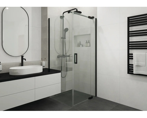 Modernes Badezimmer mit Eckdusche aus Glas, schwarzem Duschsystem, weißem Waschtisch mit Aufsatzbecken, schwarzer Armatur und Handtuchheizkörper.
