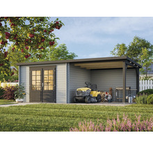 Modernes Gartenhaus aus Holz mit Pultdach und integriertem Carport, Doppeltür mit Fenstern, Abstellplatz für Rasenmäher und Grill im Garten.