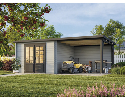 Modernes Gartenhaus aus Holz mit Pultdach und integriertem Carport, Doppeltür mit Fenstern, Abstellplatz für Rasenmäher und Grill im Garten.