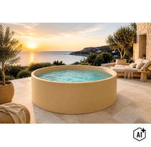 Runder, beiger Whirlpool auf einer mediterranen Terrasse mit Fliesen, Liegestuhl und Olivenbäumen mit Blick auf das Meer bei Sonnenuntergang. (Image AI modified or generated)