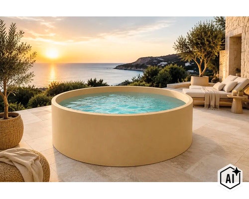 Runder, beiger Whirlpool auf einer mediterranen Terrasse mit Fliesen, Liegestuhl und Olivenbäumen mit Blick auf das Meer bei Sonnenuntergang. (Image AI modified or generated)