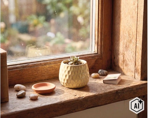 Kleine Sukkulente im gemusterten Keramikübertopf auf einer hölzernen Fensterbank mit Dekosteinen und einer kleinen Tonschale. (Image AI modified or generated)