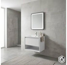 Moderner, wandhängender Waschtischunterschrank in Weiß mit Schublade, offenem Fach und LED-Spiegel in einem Badezimmer in Betonoptik. (Image AI modified or generated)