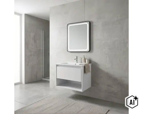 Moderner, wandhängender Waschtischunterschrank in Weiß mit Schublade, offenem Fach und LED-Spiegel in einem Badezimmer in Betonoptik. (Image AI modified or generated)