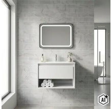 Modernes Badezimmer mit weißem Hängewaschtisch, Waschbecken und einem rechteckigen LED-Spiegel an einer gefliesten Wand in Marmoroptik. (Image AI modified or generated)