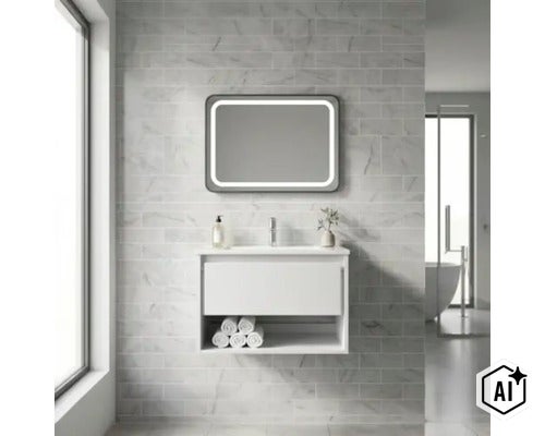 Modernes Badezimmer mit weißem Hängewaschtisch, Waschbecken und einem rechteckigen LED-Spiegel an einer gefliesten Wand in Marmoroptik. (Image AI modified or generated)