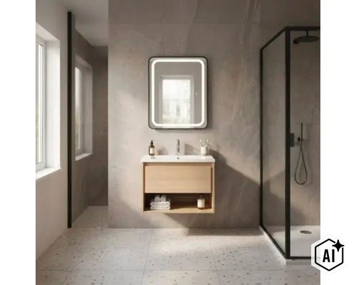 Modernes Badezimmer mit wandhängendem Waschtischunterschrank in Holzoptik, LED-Spiegel und ebenerdiger Dusche. (Image AI modified or generated)
