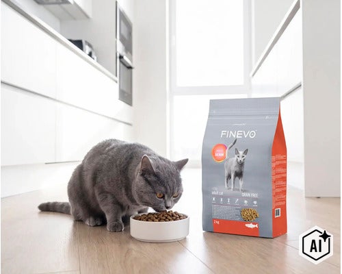 Graue Katze frisst Trockenfutter aus einem Napf neben einer Packung Finevo Katzenfutter in einer hellen Küche. (Image AI modified or generated)