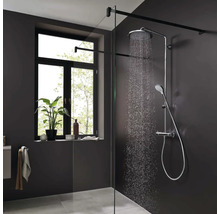 Moderne begehbare Dusche mit Duschsystem und Glaswand in einem Badezimmer mit dunklen Wänden und einem Fenster.