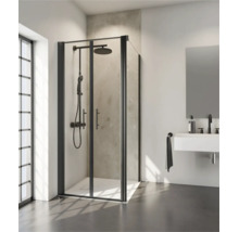 Moderne Eckdusche mit Falttüren und Duschsystem in einem hellen Badezimmer mit Waschtisch.