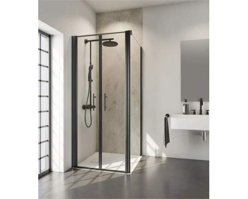 Moderne Eckdusche mit Falttüren und Duschsystem in einem hellen Badezimmer mit Waschtisch.